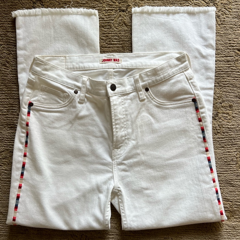 EUC Johnny Was Kendra White Jeans with multi color trim detail